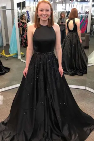 A-Line Jewel Open Back Floor-Length Black Prom Dress with Beading LRA042