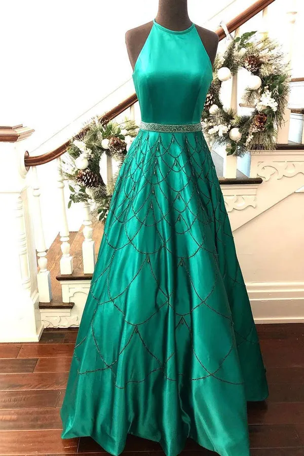 A-Line Jewel Open Back Floor-Length Black Prom Dress with Beading LRA042