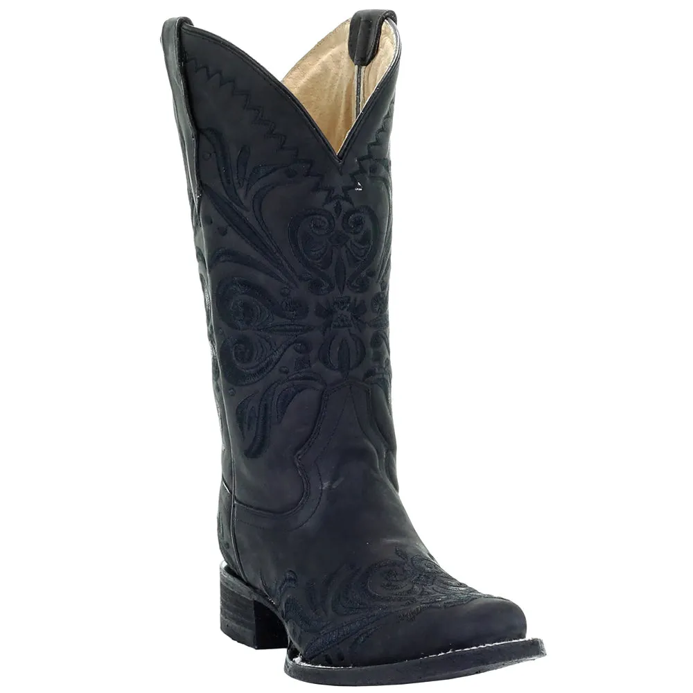 All Black Tooled Inlay Square Toe Cowboy Boots
