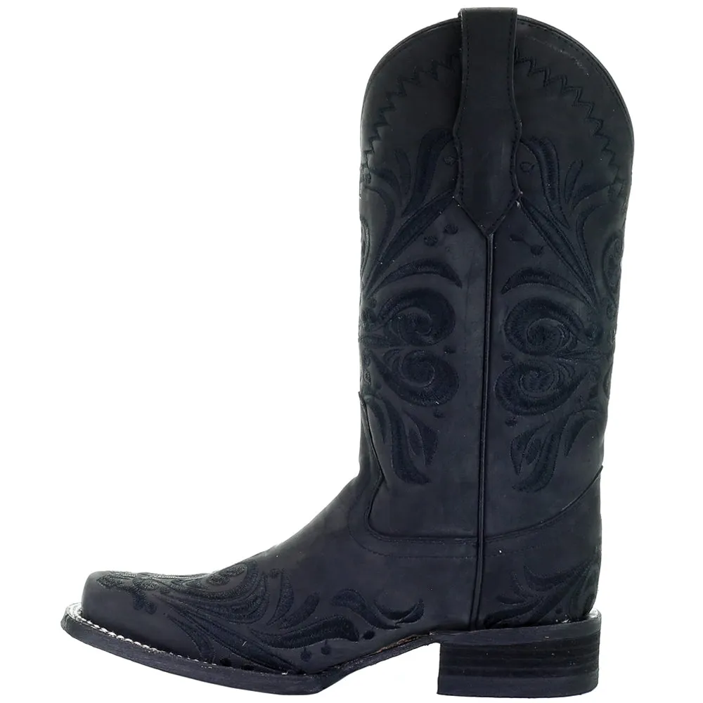 All Black Tooled Inlay Square Toe Cowboy Boots