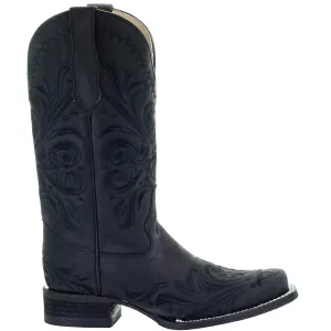 All Black Tooled Inlay Square Toe Cowboy Boots