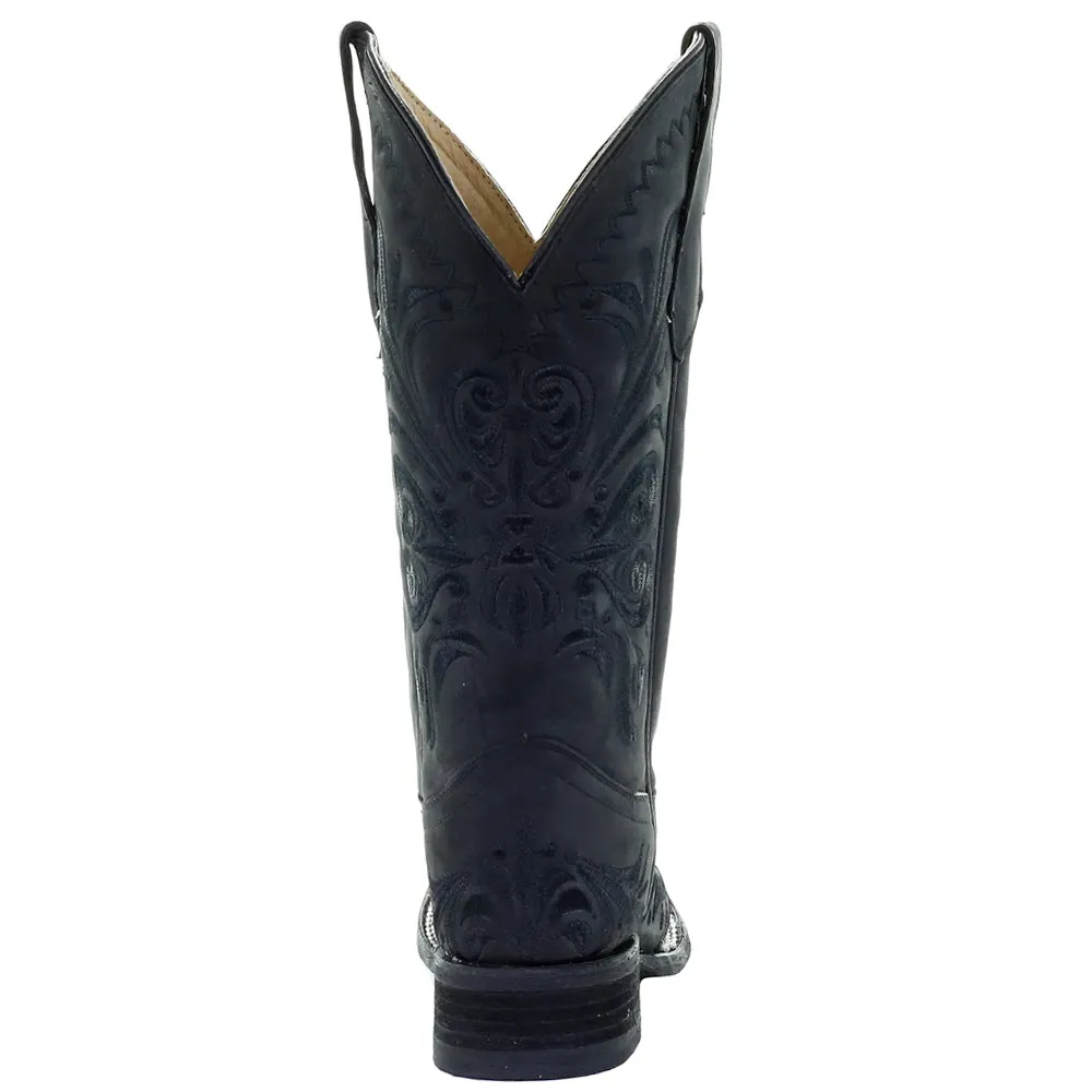 All Black Tooled Inlay Square Toe Cowboy Boots