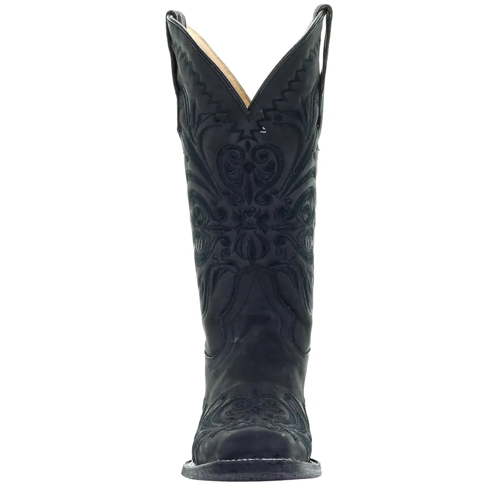All Black Tooled Inlay Square Toe Cowboy Boots