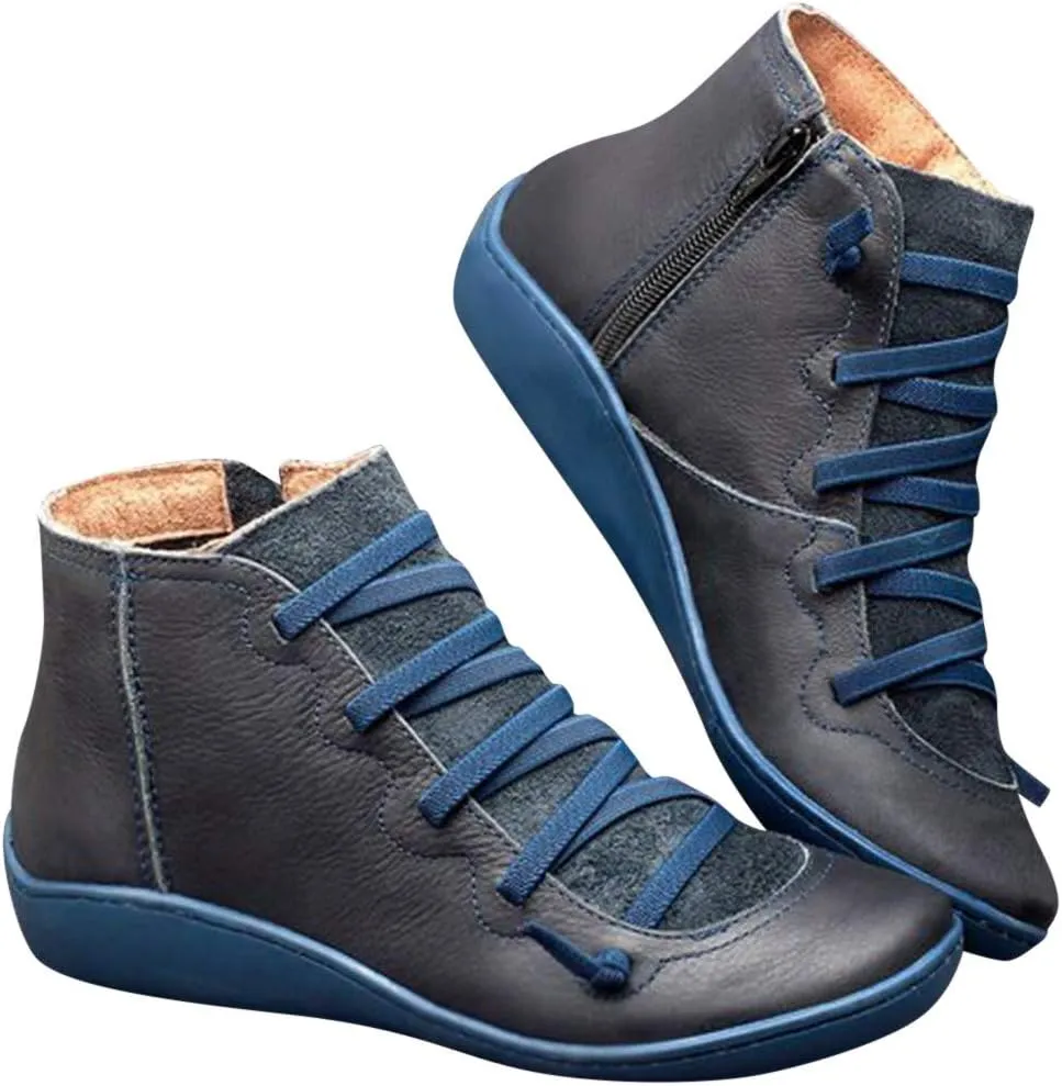 Ankle Boots for Women No Heel,2023 New Arch Support Boots Side Zipper Vintage Leather Damping Shoes Flat Heel Booties