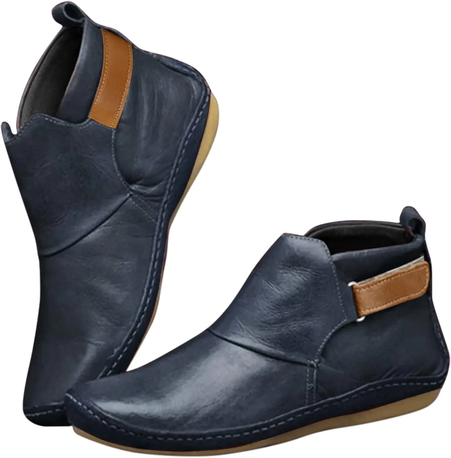 Ankle Boots for Women Side Zipper Flat Heel Booties Vintage Leather Damping Boots No Heel Arch Support Booties