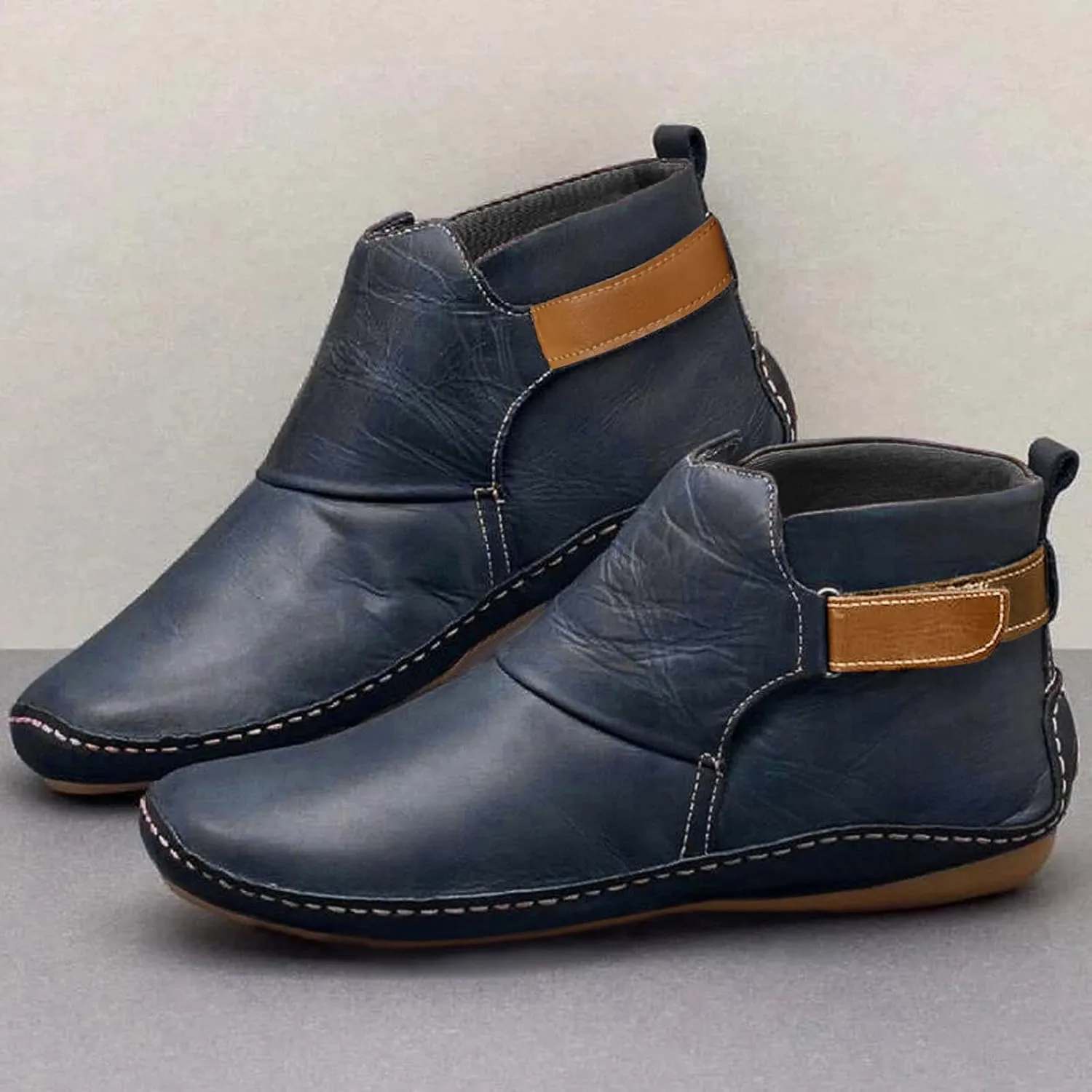Ankle Boots for Women Side Zipper Flat Heel Booties Vintage Leather Damping Boots No Heel Arch Support Booties
