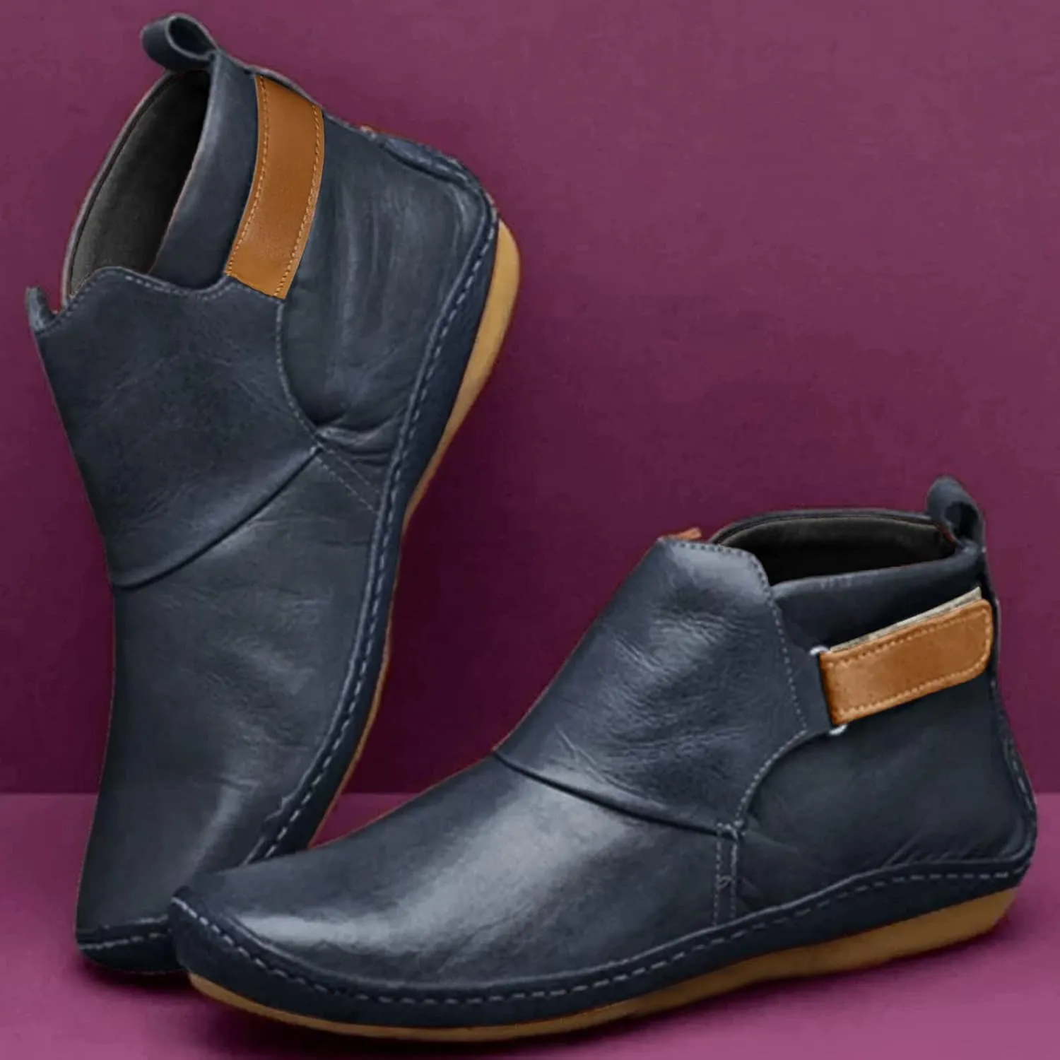 Ankle Boots for Women Side Zipper Flat Heel Booties Vintage Leather Damping Boots No Heel Arch Support Booties