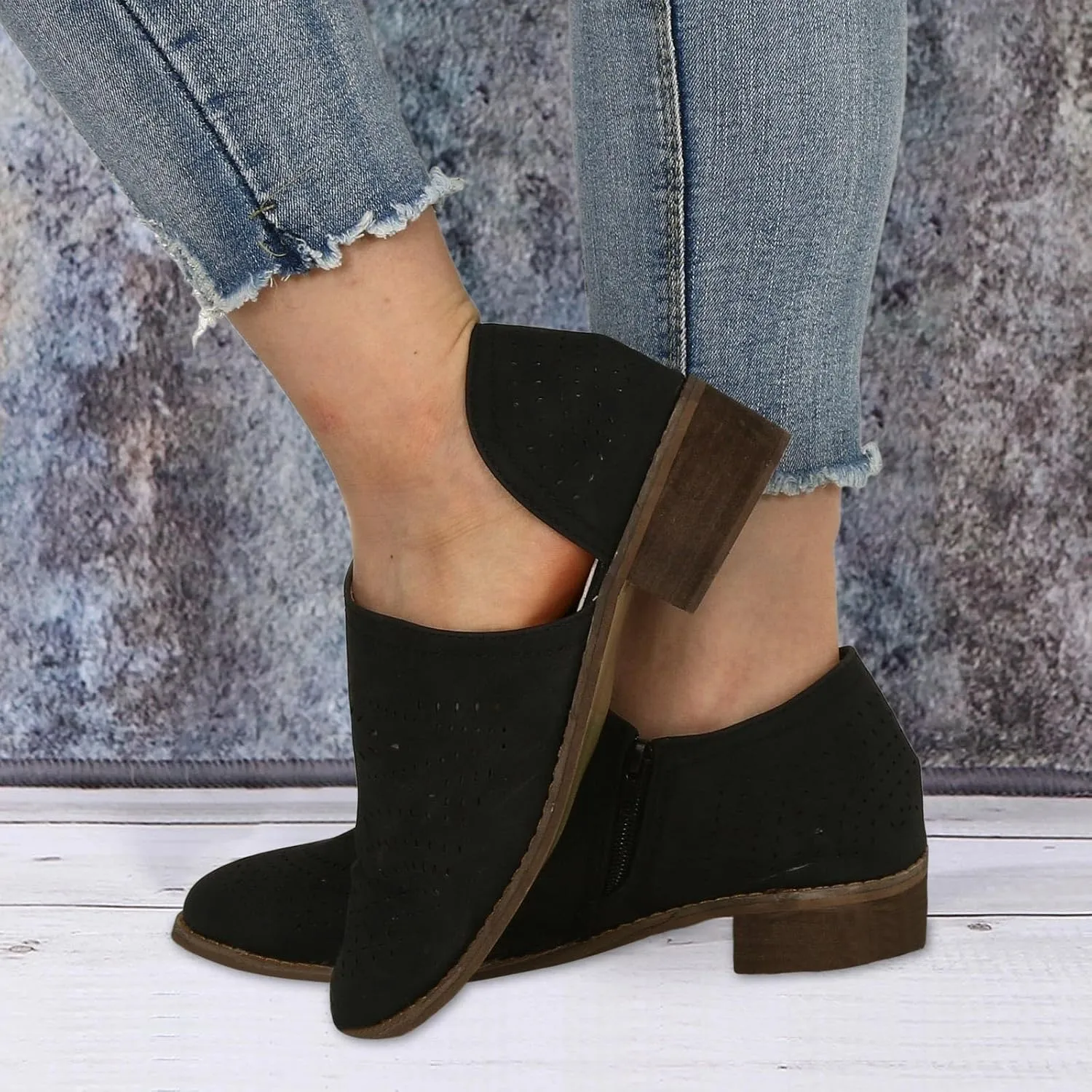 Ankle Boots for Women Women's Perforated Chunky Block Low Heel Shoes Office Dress Casual Fashion Booties with Pointed Toe