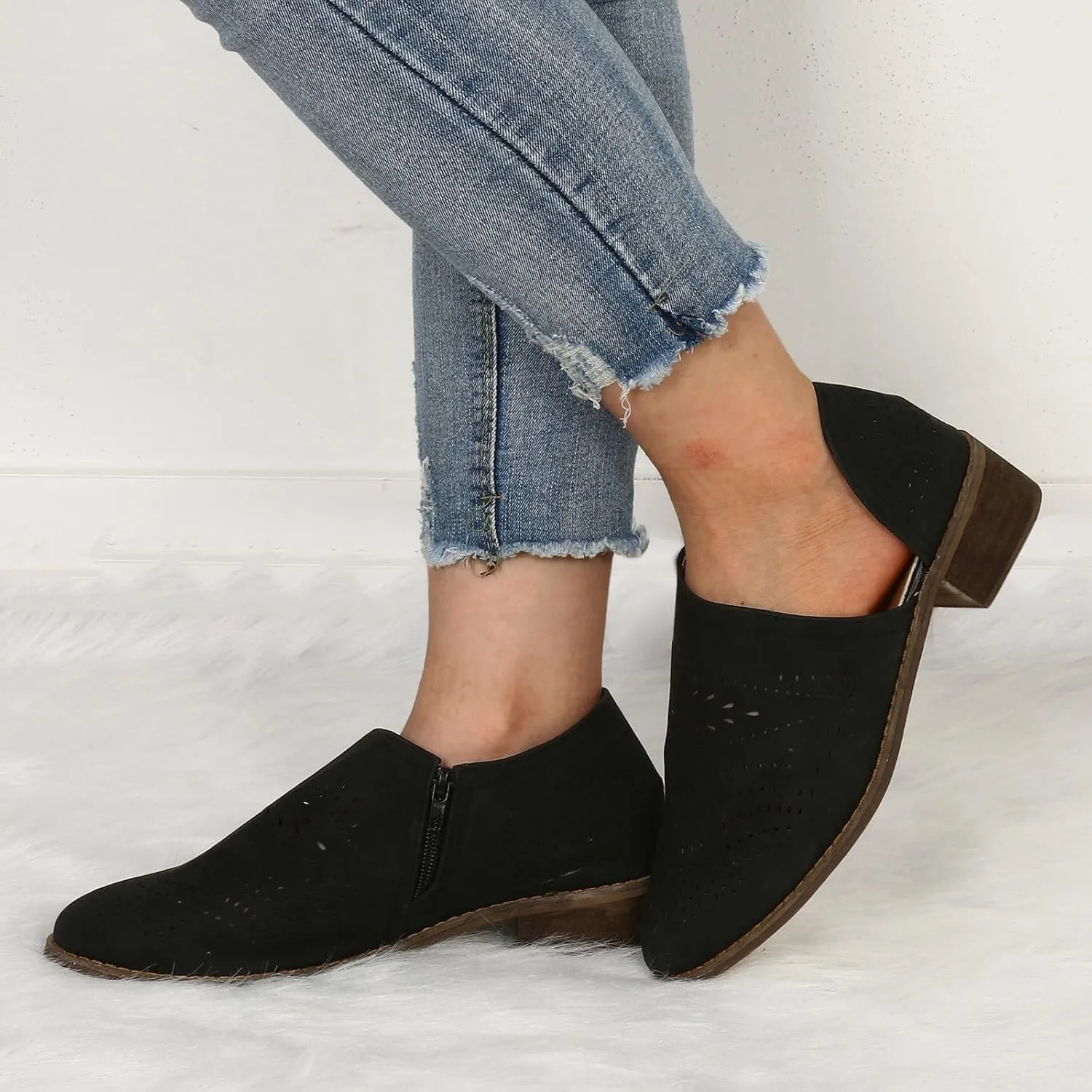 Ankle Boots for Women Women's Perforated Chunky Block Low Heel Shoes Office Dress Casual Fashion Booties with Pointed Toe