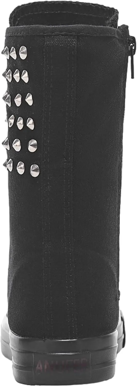 ANUFER Womens Girls Classic Mid-Calf Lace Up Zipper Canvas Boots Casual High Top Canvas Sneakers