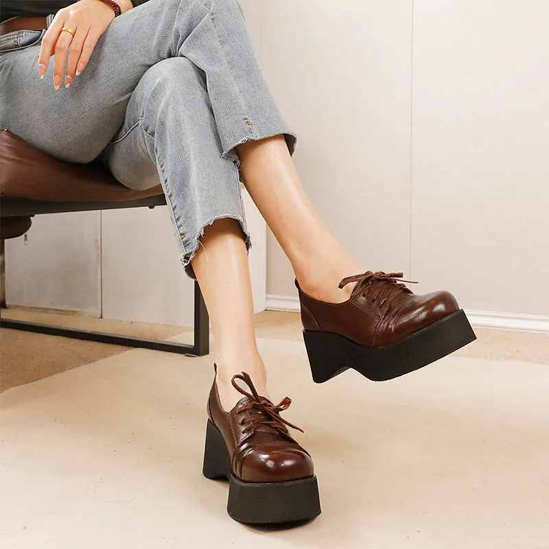 British Style 60mm Horse Leather Chunky Heel Lace-up Platform Oxford Shoes in Black/Coffee