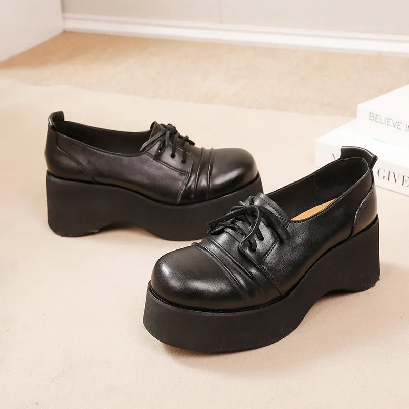 British Style 60mm Horse Leather Chunky Heel Lace-up Platform Oxford Shoes in Black/Coffee