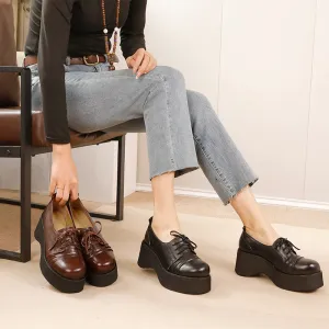 British Style 60mm Horse Leather Chunky Heel Lace-up Platform Oxford Shoes in Black/Coffee