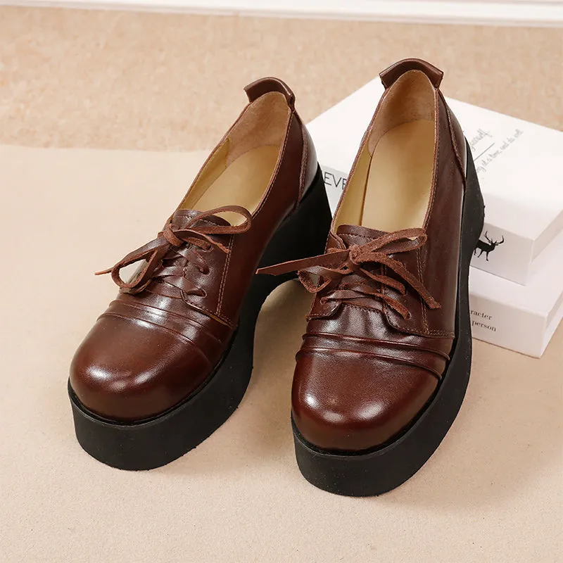British Style 60mm Horse Leather Chunky Heel Lace-up Platform Oxford Shoes in Black/Coffee