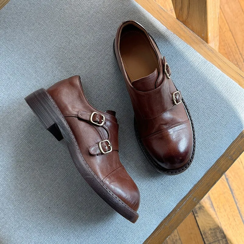 British Style Vintage Monk Strap Cowhide Leather Shoes with Round Toe in Black/Brown