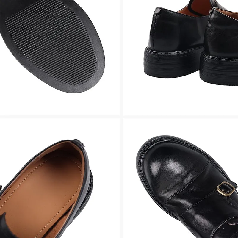 British Style Vintage Monk Strap Cowhide Leather Shoes with Round Toe in Black/Brown