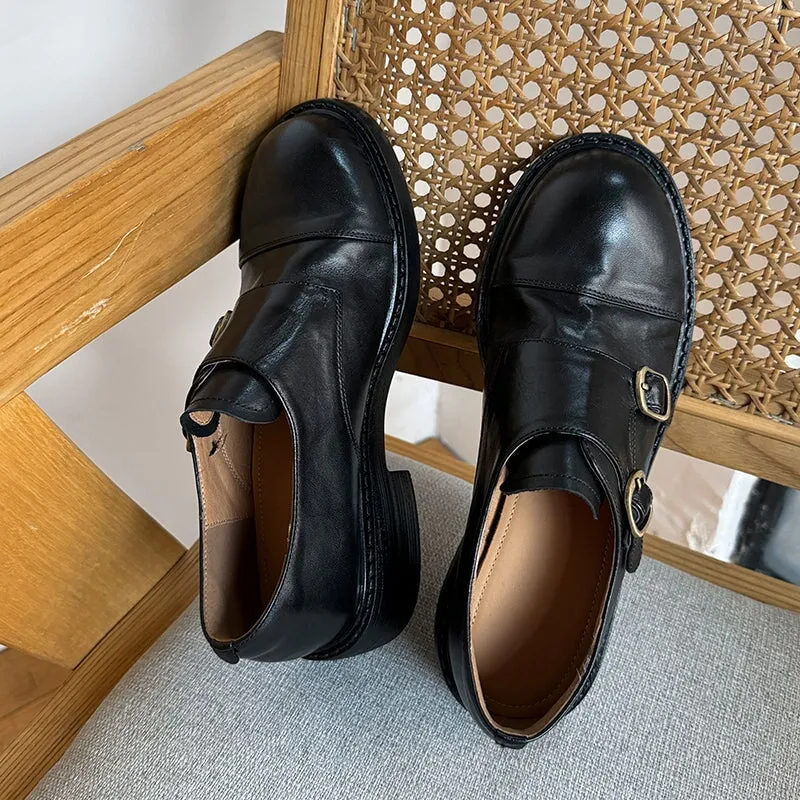 British Style Vintage Monk Strap Cowhide Leather Shoes with Round Toe in Black/Brown