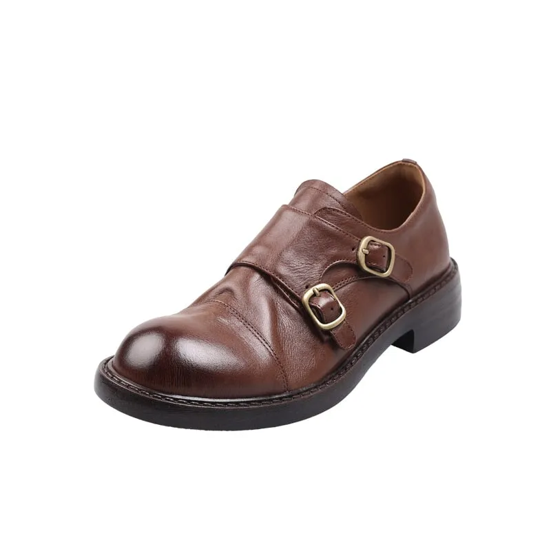 British Style Vintage Monk Strap Cowhide Leather Shoes with Round Toe in Black/Brown