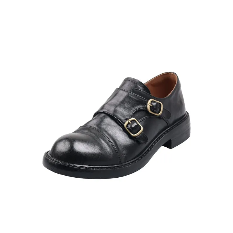 British Style Vintage Monk Strap Cowhide Leather Shoes with Round Toe in Black/Brown