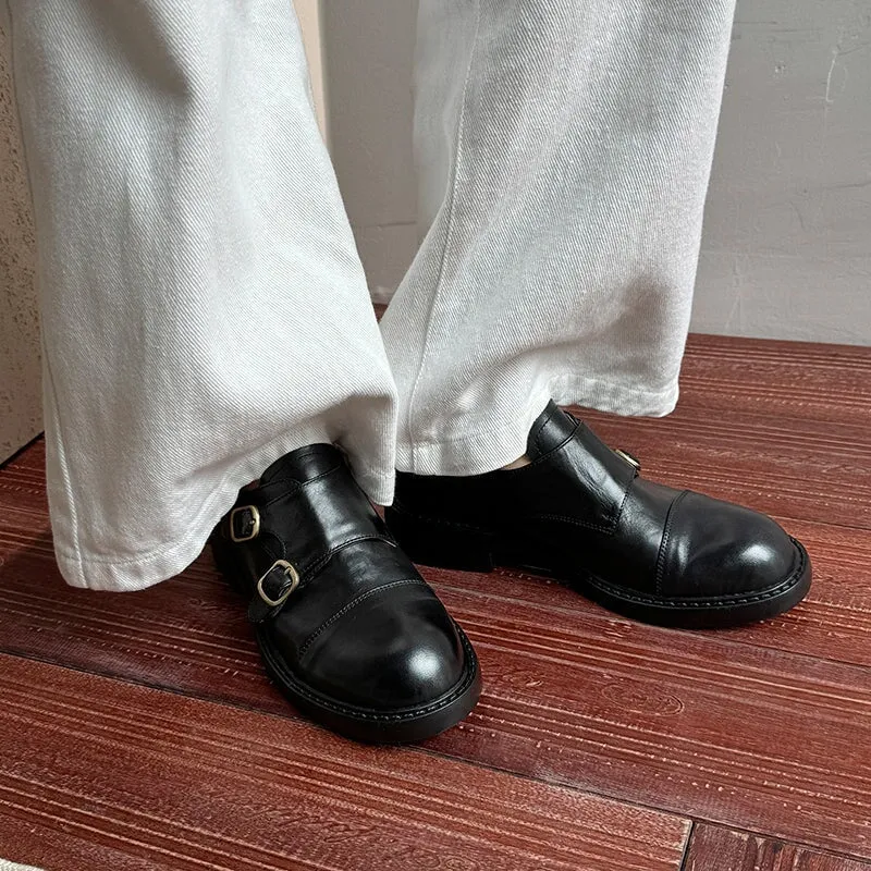 British Style Vintage Monk Strap Cowhide Leather Shoes with Round Toe in Black/Brown