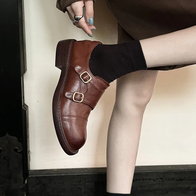 British Style Vintage Monk Strap Cowhide Leather Shoes with Round Toe in Black/Brown