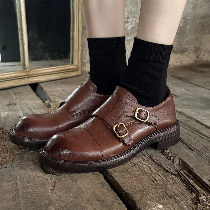British Style Vintage Monk Strap Cowhide Leather Shoes with Round Toe in Black/Brown