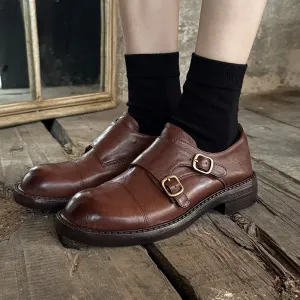 British Style Vintage Monk Strap Cowhide Leather Shoes with Round Toe in Black/Brown