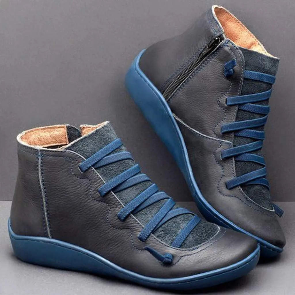 Cathalem Ankle Boots for Women Arch Support Fashion Lace up Side Zip Vintage Booties Flat Heel Vintage Leather Damping Shoes