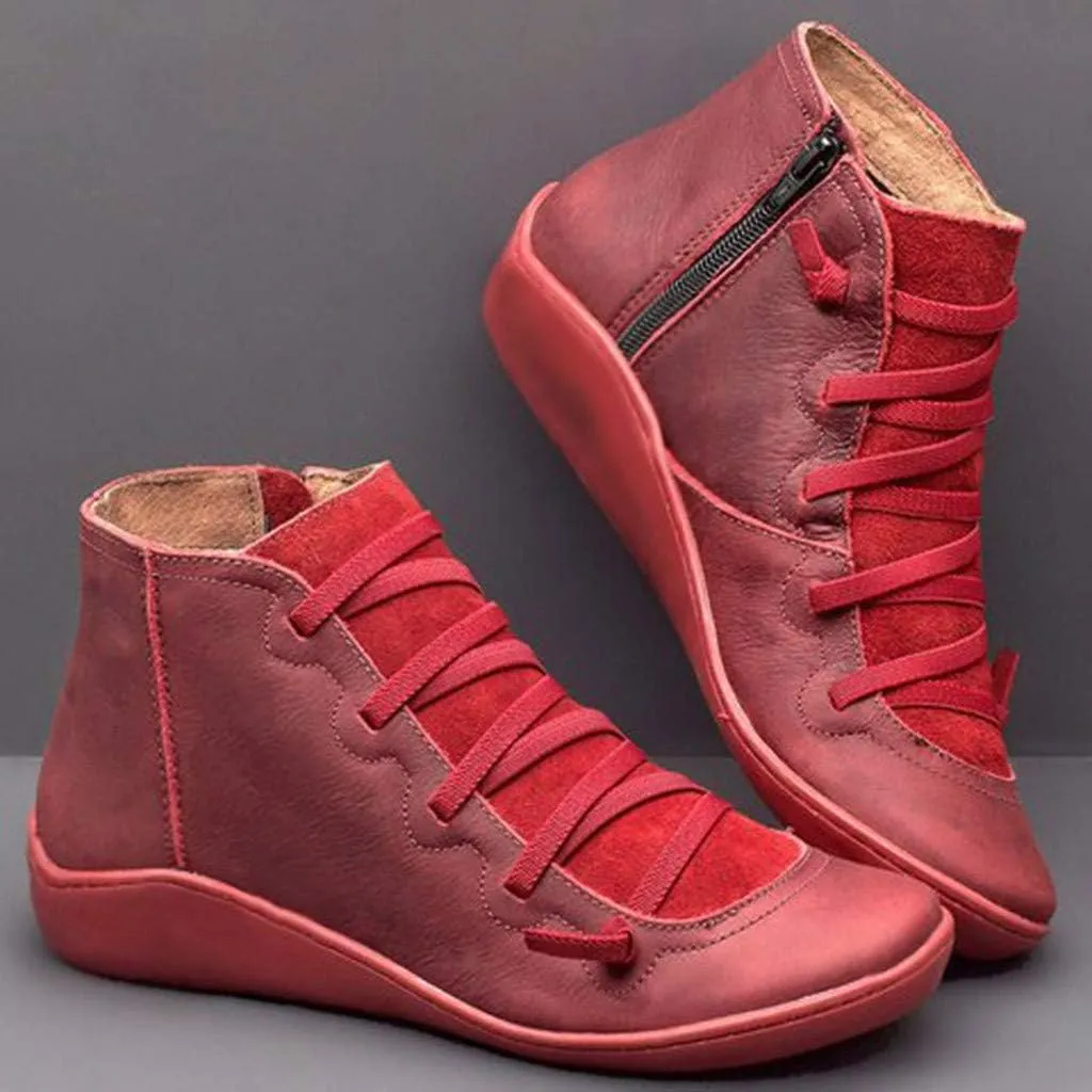 Cathalem Ankle Boots for Women,2024 New Flat Heel Booties Arch Support Booties Side Zip-up Vintage Leather Damping Shoes