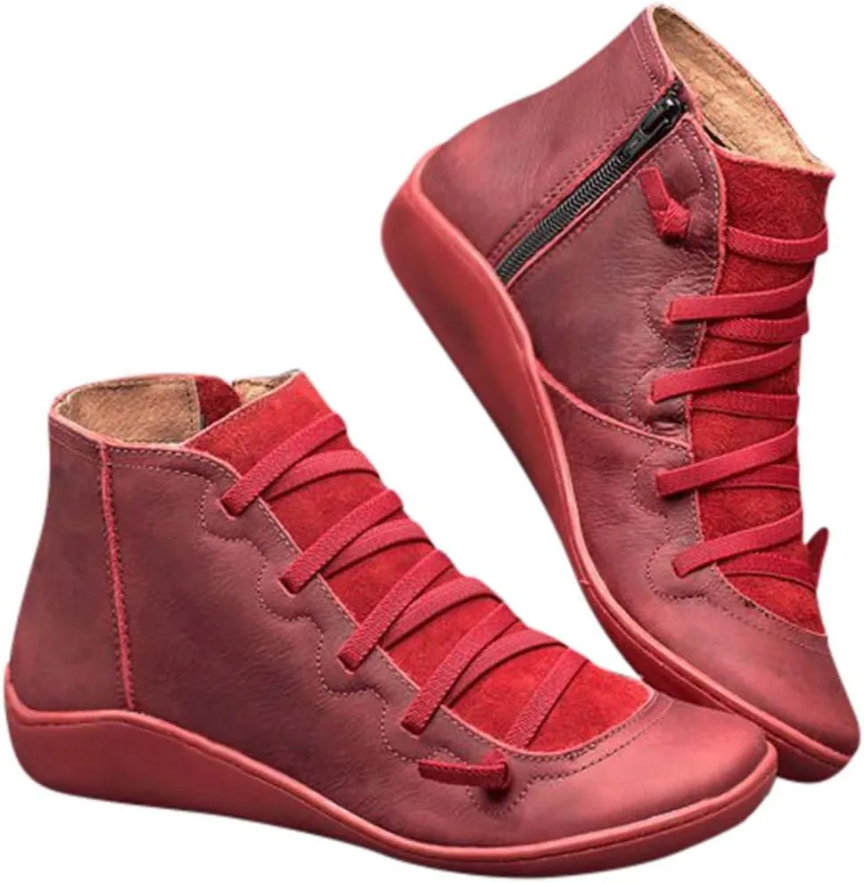 Cathalem Ankle Boots for Women,2024 New Flat Heel Booties Arch Support Booties Side Zip-up Vintage Leather Damping Shoes