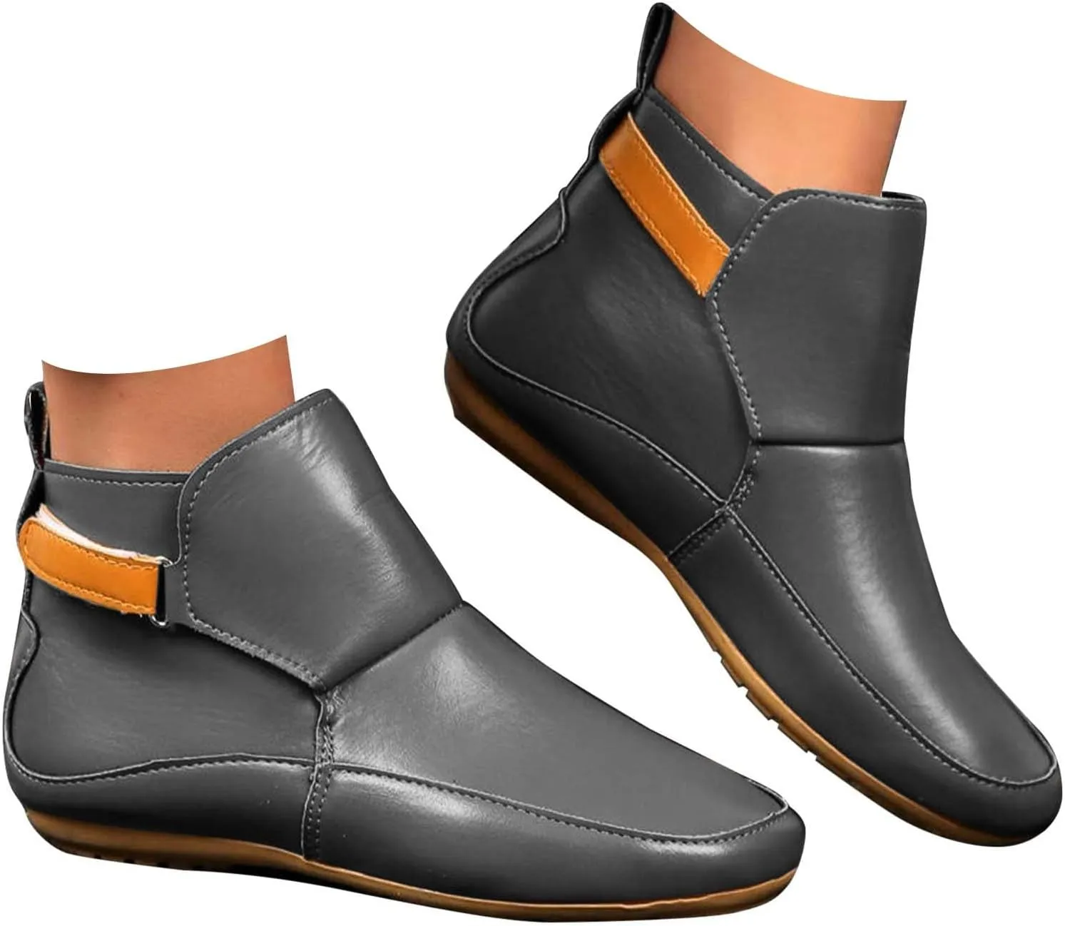Cathalem Womens Ankle Boots, 2024 New Arch Support Booties Side Zip-up Vintage Leather Damping Shoes Flat Heel Booties