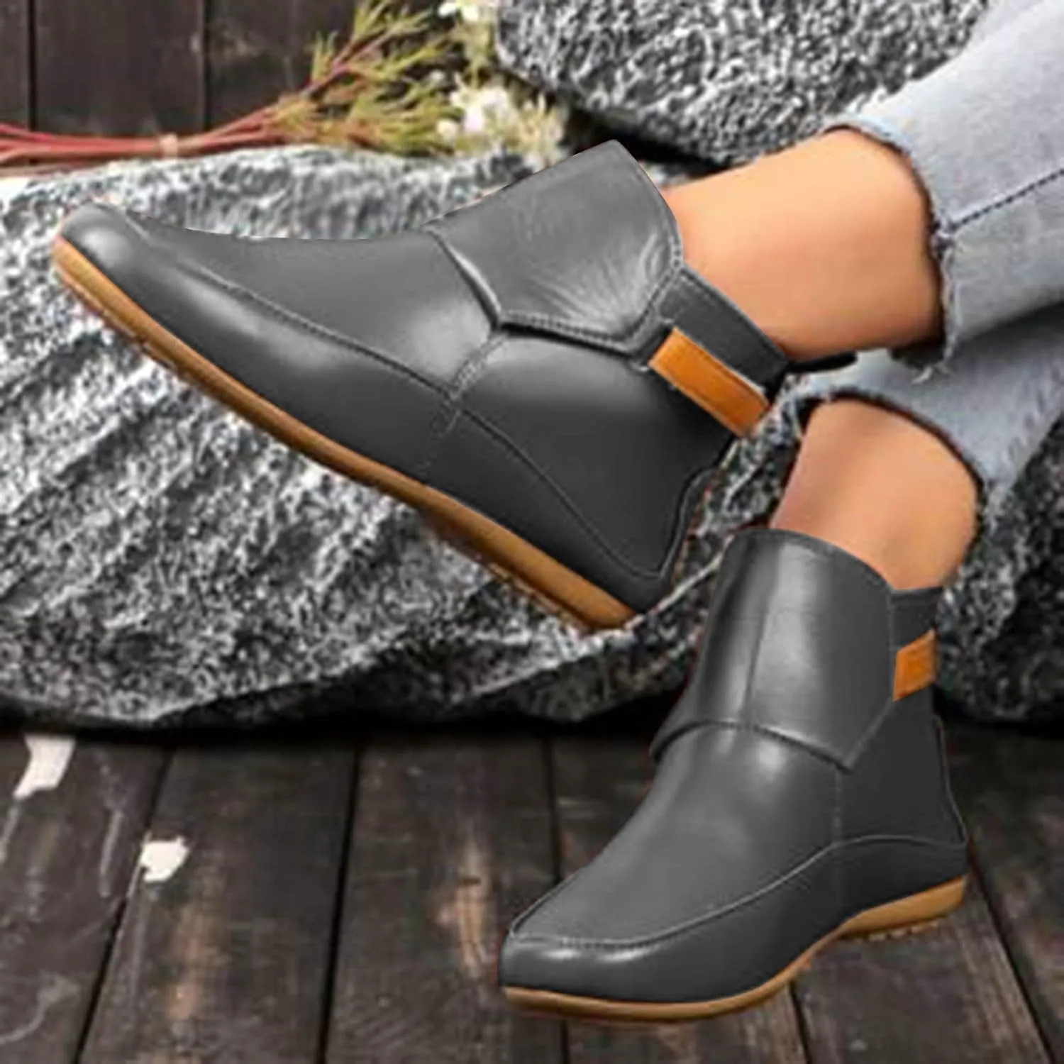 Cathalem Womens Ankle Boots, 2024 New Arch Support Booties Side Zip-up Vintage Leather Damping Shoes Flat Heel Booties
