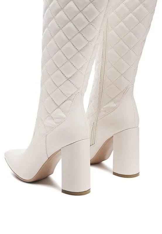 Chic Quilted Block Heel Knee High Boots - White or Black