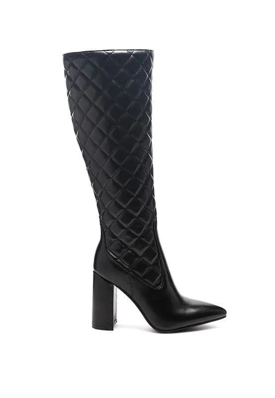 Chic Quilted Block Heel Knee High Boots - White or Black