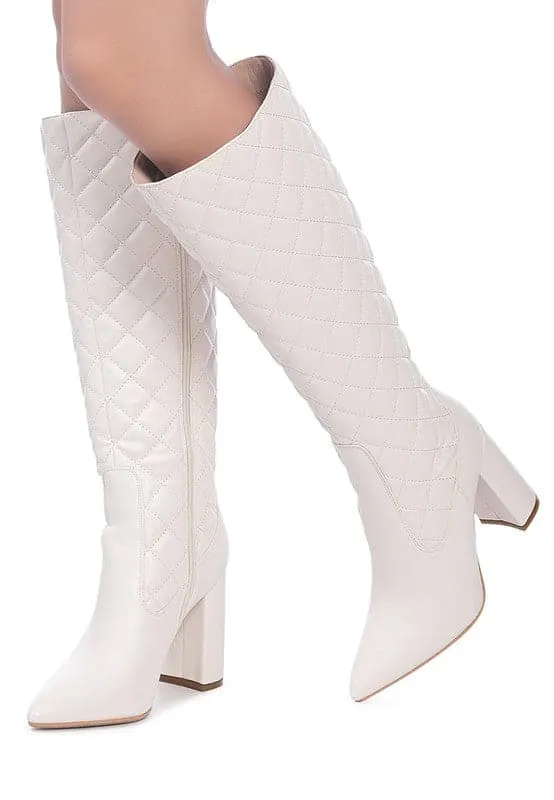Chic Quilted Block Heel Knee High Boots - White or Black