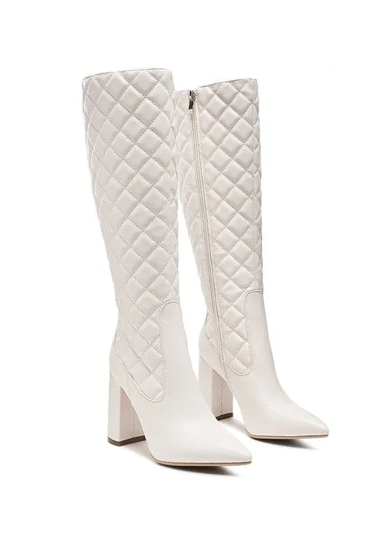 Chic Quilted Block Heel Knee High Boots - White or Black