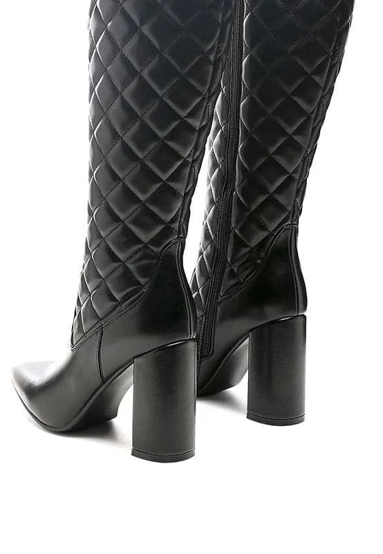 Chic Quilted Block Heel Knee High Boots - White or Black