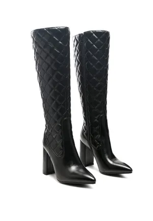 Chic Quilted Block Heel Knee High Boots - White or Black
