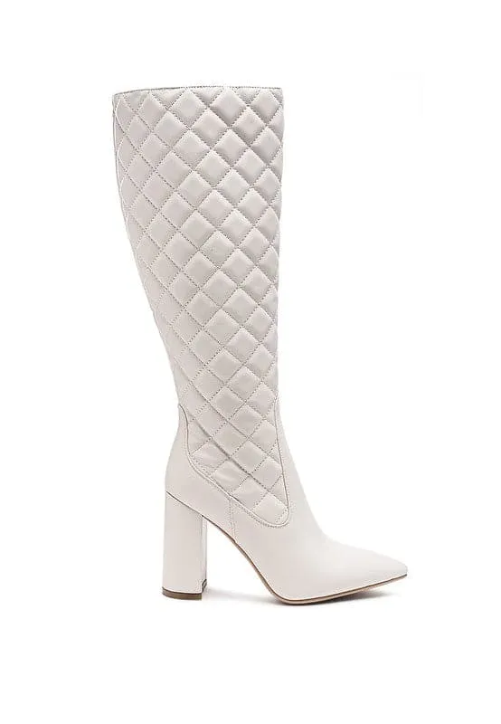 Chic Quilted Block Heel Knee High Boots - White or Black