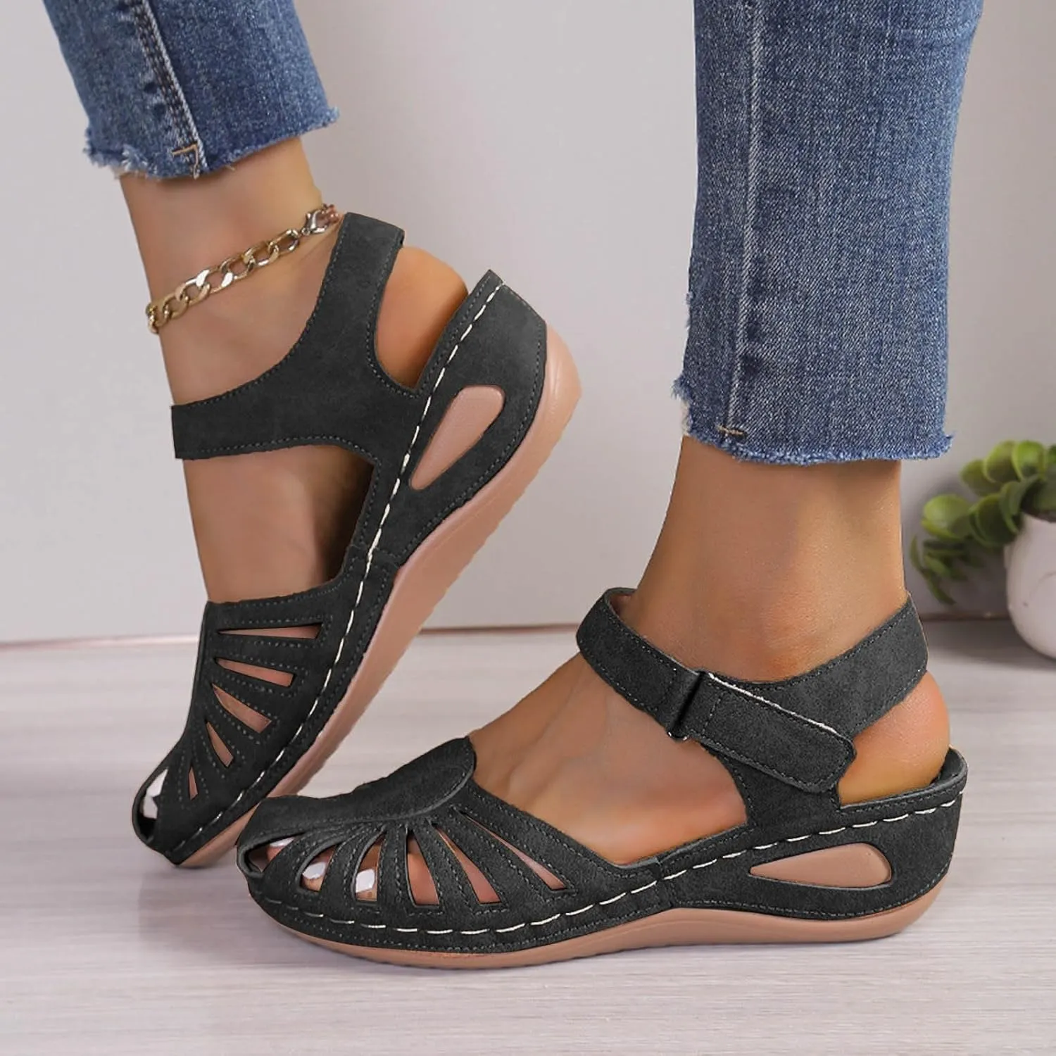 Closed Toe Sandals for Women 2025 Dressy Summer Comfortable Platform Wedges Slip On Ankle Strap Hiking Sandals Casual Hollow Out Sandal with Arch Support Wide Width Dress Shoes