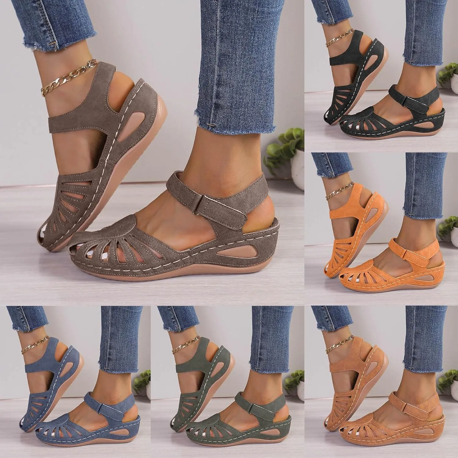 Closed Toe Sandals for Women 2025 Dressy Summer Comfortable Platform Wedges Slip On Ankle Strap Hiking Sandals Casual Hollow Out Sandal with Arch Support Wide Width Dress Shoes