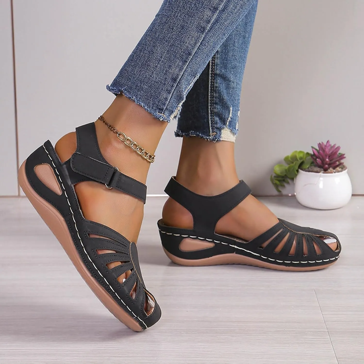Closed Toe Sandals for Women 2025 Dressy Summer Comfortable Platform Wedges Slip On Ankle Strap Hiking Sandals Casual Hollow Out Sandal with Arch Support Wide Width Dress Shoes