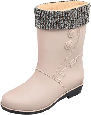 IWIHMIV Raining Boots for Women Rubber Boots for Women Waterproof Rain Boots Mid Calf Boots Non-Slip Fleece Lined Rain Boots