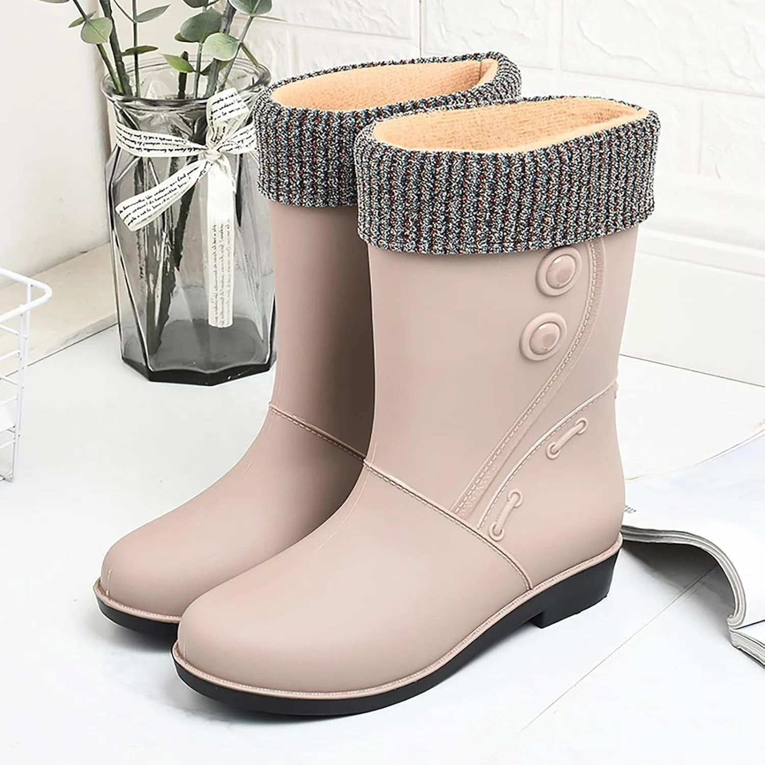 IWIHMIV Raining Boots for Women Rubber Boots for Women Waterproof Rain Boots Mid Calf Boots Non-Slip Fleece Lined Rain Boots