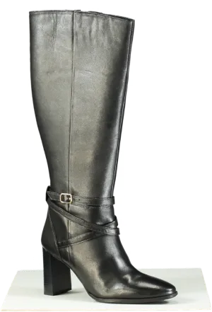 Karen Millen Black Leather Heeled Buckle Detail Knee High Boots UK 7