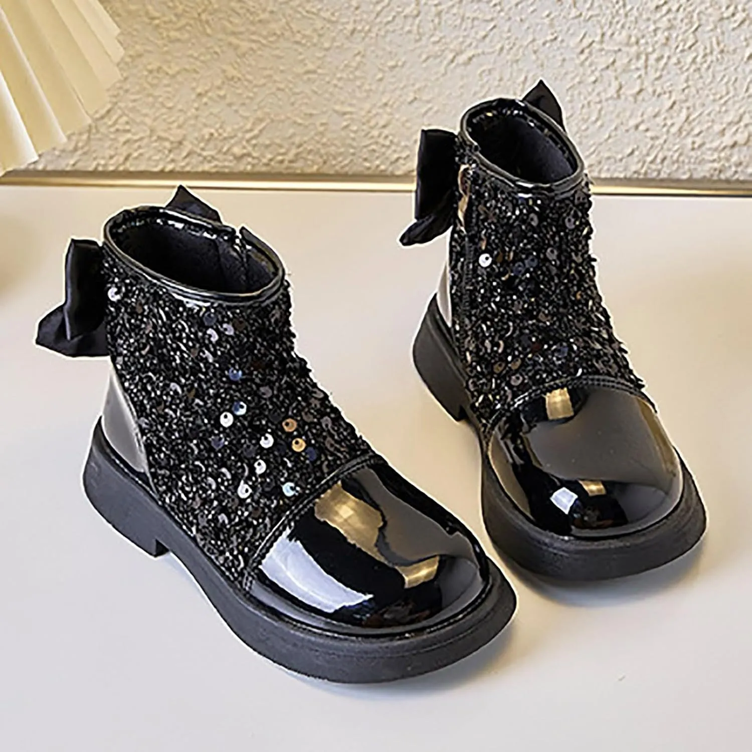 Kids Winter Boots Fashion Sequined Girls Glitter Ankle Boots Lace Up Combat Boot Side Zipper Comfortable Boots