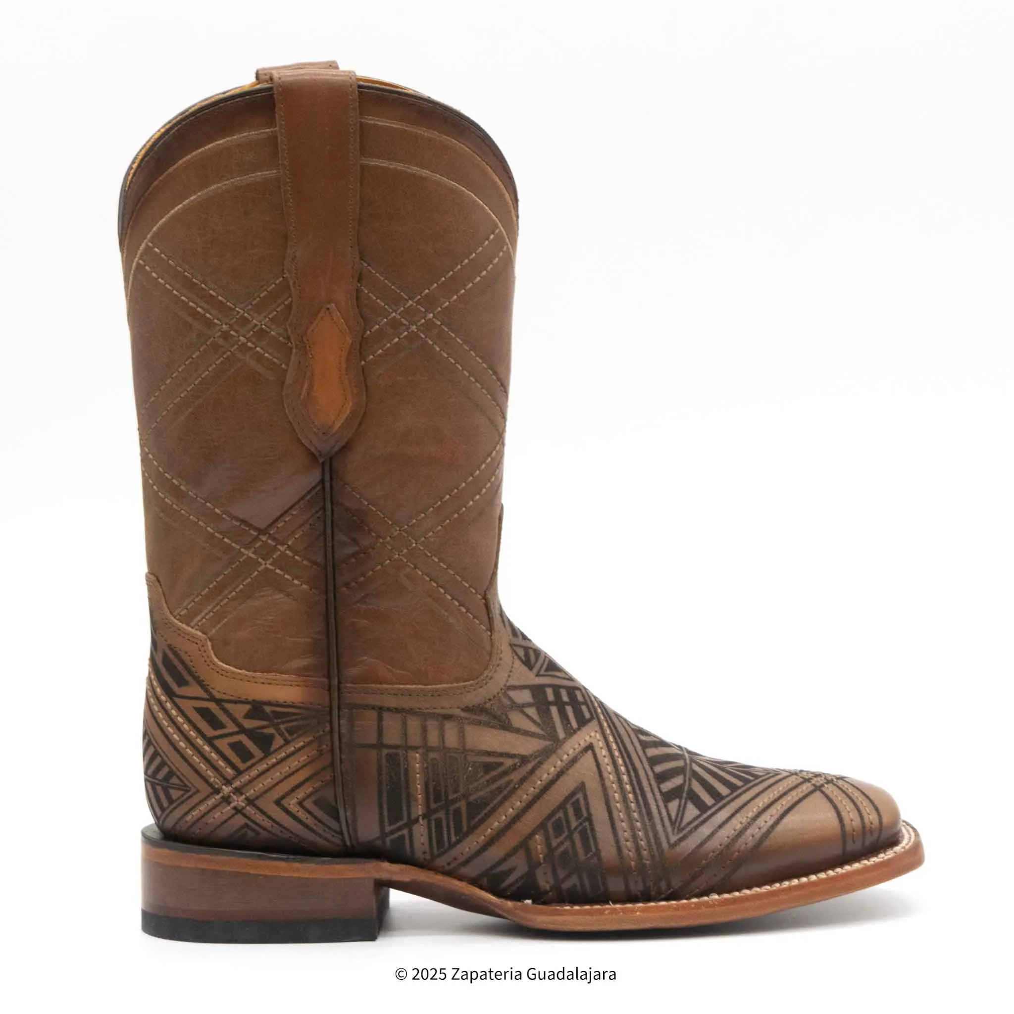 MEN'S WIDE SQUARE TOE LASER ENGRAVED HONEY LEATHER BOOT - H52R2651