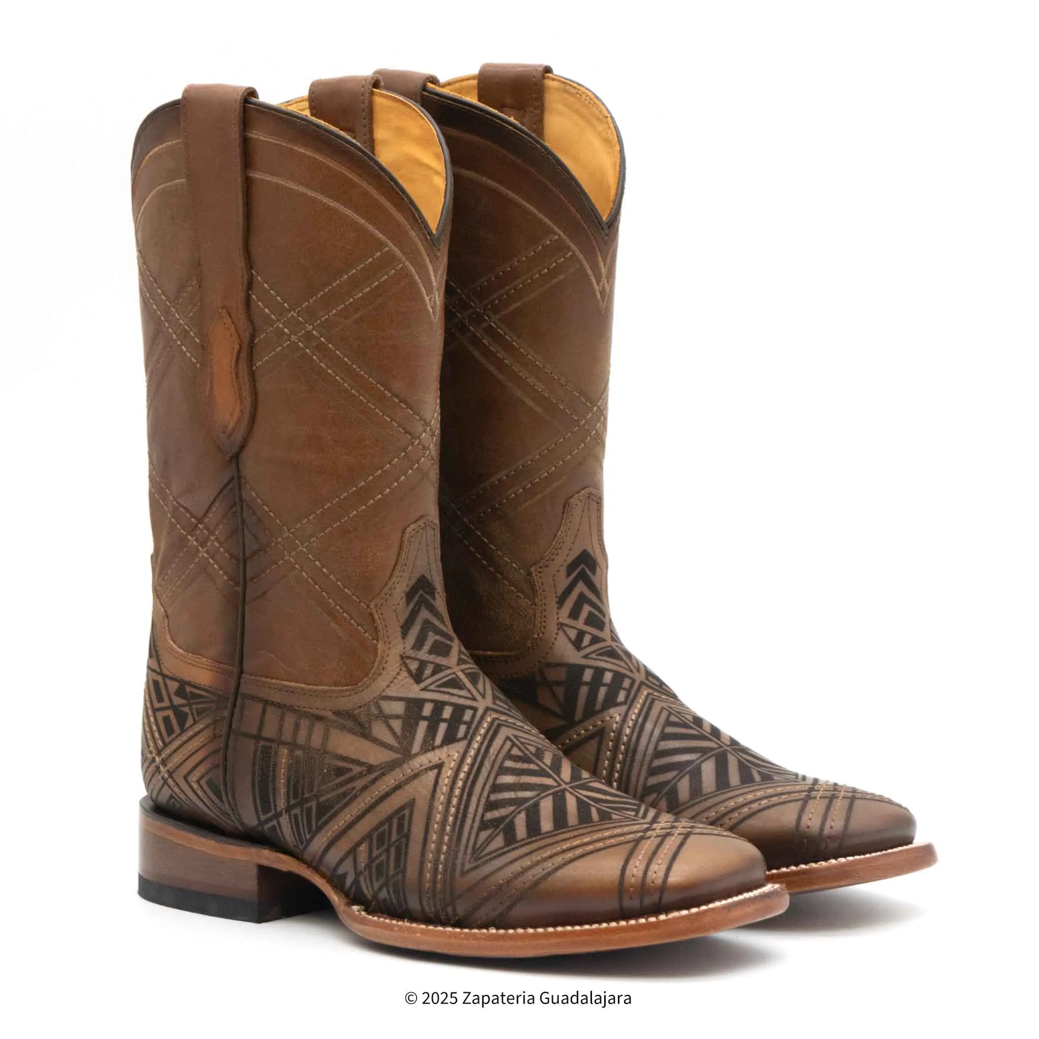 MEN'S WIDE SQUARE TOE LASER ENGRAVED HONEY LEATHER BOOT - H52R2651