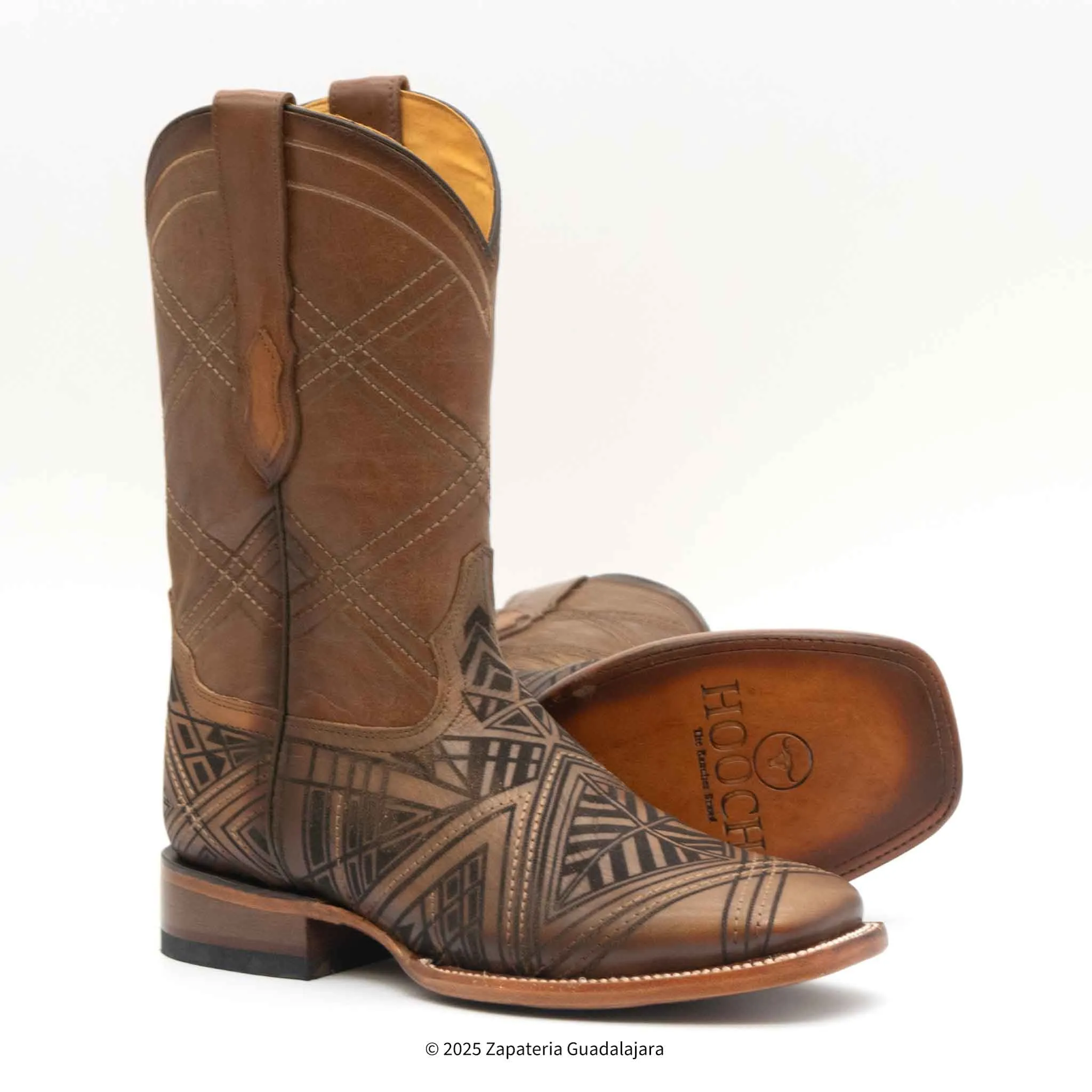 MEN'S WIDE SQUARE TOE LASER ENGRAVED HONEY LEATHER BOOT - H52R2651