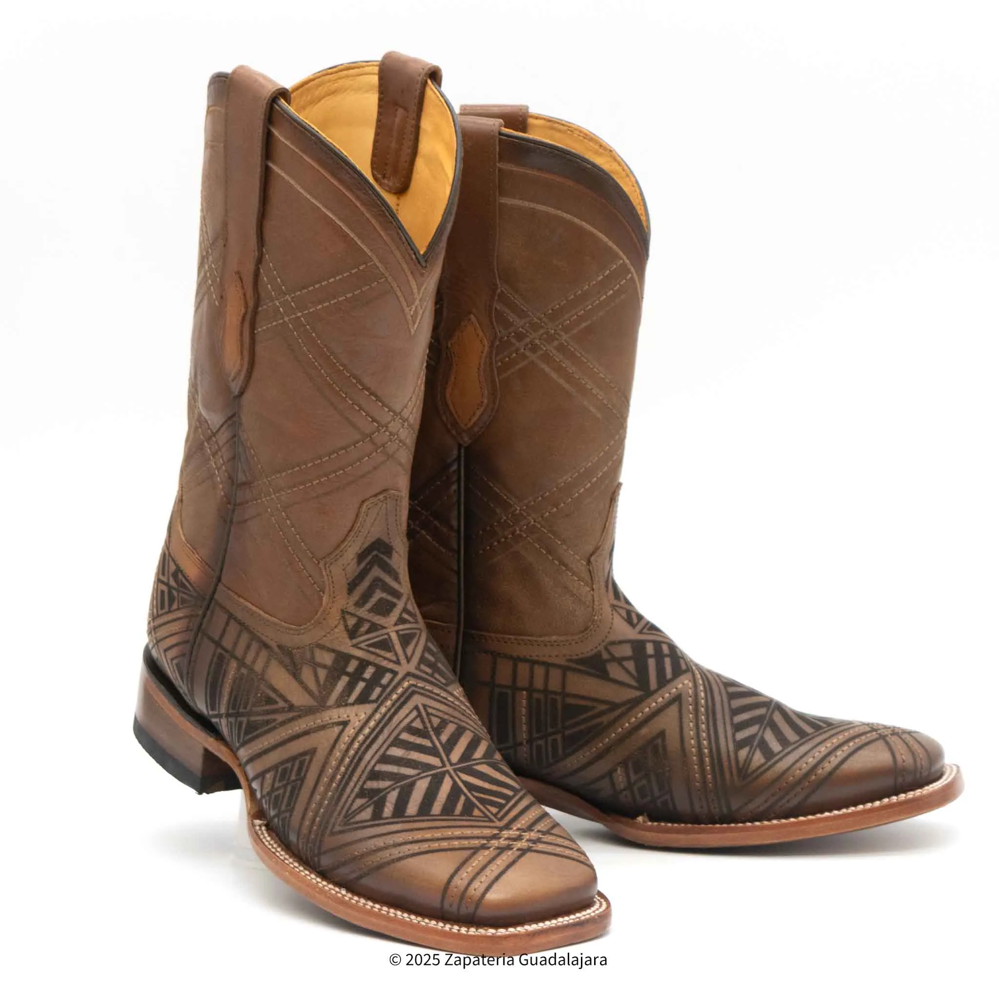 MEN'S WIDE SQUARE TOE LASER ENGRAVED HONEY LEATHER BOOT - H52R2651